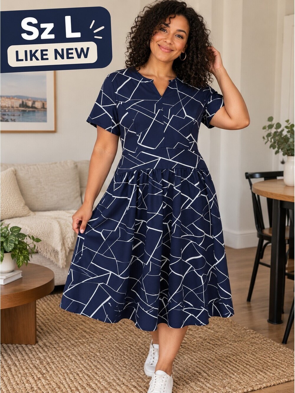 Navy Geometric Fit & Flare Dress Sz Large